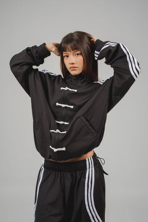 Camibuzo Ondas CHILL azul marino oversize — tela scuba con alamares estilo asiático, zigzags en sesgo aéreo y cierre, streetwear hecho en Colombia