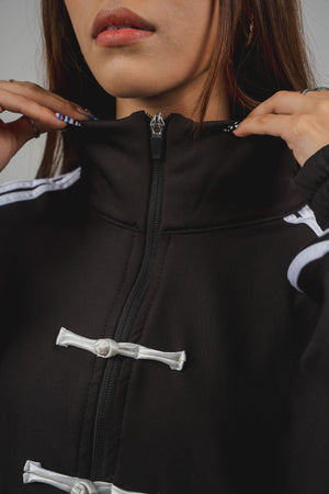 Camibuzo Ondas CHILL azul marino oversize — tela scuba con alamares estilo asiático, zigzags en sesgo aéreo y cierre, streetwear hecho en Colombia