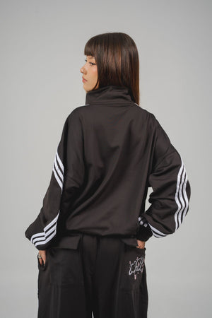 Camibuzo Ondas CHILL azul marino oversize — tela scuba con alamares estilo asiático, zigzags en sesgo aéreo y cierre, streetwear hecho en Colombia