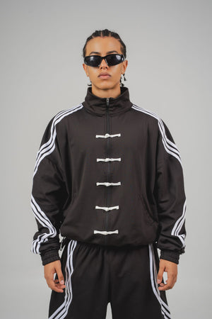 Camibuzo Ondas CHILL azul marino oversize — tela scuba con alamares estilo asiático, zigzags en sesgo aéreo y cierre, streetwear hecho en Colombia