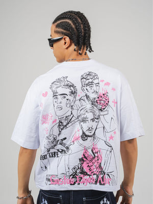 Camiseta CHILL oversize boxy fit blanca — algodón con estampado emo-rap retrato artístico en serigrafía negro y rosa, streetwear hecho en Colombia