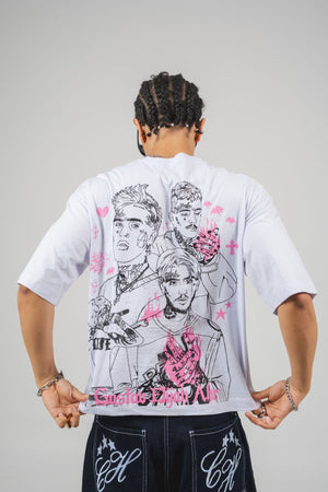 Camiseta CHILL oversize boxy fit blanca — algodón con estampado emo-rap retrato artístico en serigrafía negro y rosa, streetwear hecho en Colombia