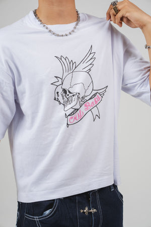 Camiseta CHILL oversize boxy fit blanca — algodón con estampado emo-rap retrato artístico en serigrafía negro y rosa, streetwear hecho en Colombia