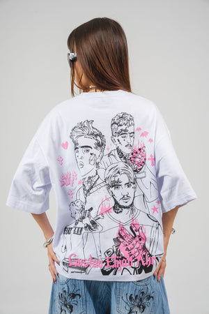 Camiseta CHILL oversize boxy fit blanca — algodón con estampado emo-rap retrato artístico en serigrafía negro y rosa, streetwear hecho en Colombia