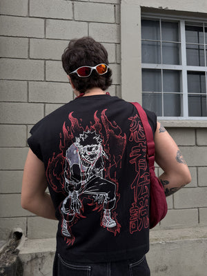 Camiseta CHILL manga sisa negra — algodón con estampado tribal anime ninja en serigrafía y kanjis japoneses, streetwear hecho en Colombia