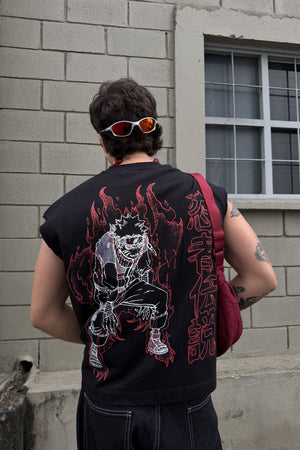 Camiseta CHILL manga sisa negra — algodón con estampado tribal anime ninja en serigrafía y kanjis japoneses, streetwear hecho en Colombia