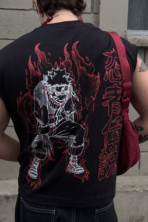 Camiseta CHILL manga sisa negra — algodón con estampado tribal anime ninja en serigrafía y kanjis japoneses, streetwear hecho en Colombia