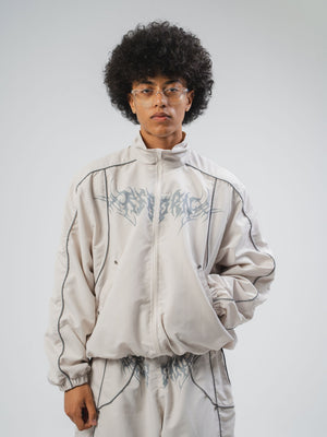Chaqueta Reborn CHILL hueso boxy fit — antifluido con detalles reflectivos y estampado tribal serigrafía, streetwear hecho en Colombia