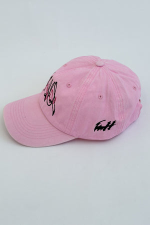 Gorra CHILL Bloom rosa 6 paneles — drill con bordado tribal negro y fucsia, accesorio streetwear hecho en Colombia