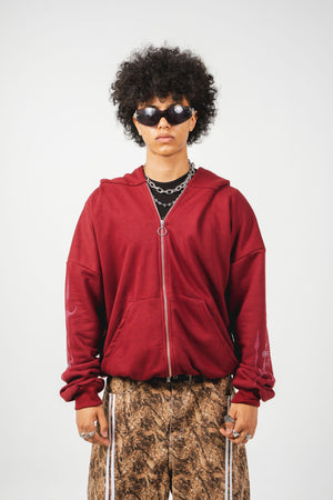 Hoodie con cierre Faith CHILL vinotinto oversize unisex 330gr — algodón con estampado catedral gótica en serigrafía en espalda y mangas, streetwear hecho en Colombia