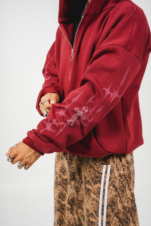 Hoodie con cierre Faith CHILL vinotinto oversize unisex 330gr — algodón con estampado catedral gótica en serigrafía en espalda y mangas, streetwear hecho en Colombia