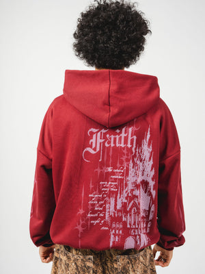 Hoodie con cierre Faith CHILL vinotinto oversize unisex 330gr — algodón con estampado catedral gótica en serigrafía en espalda y mangas, streetwear hecho en Colombia