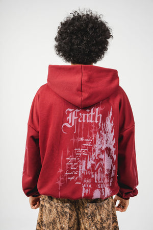 Hoodie con cierre Faith CHILL vinotinto oversize unisex 330gr — algodón con estampado catedral gótica en serigrafía en espalda y mangas, streetwear hecho en Colombia