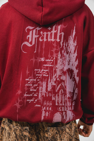 Hoodie con cierre Faith CHILL vinotinto oversize unisex 330gr — algodón con estampado catedral gótica en serigrafía en espalda y mangas, streetwear hecho en Colombia