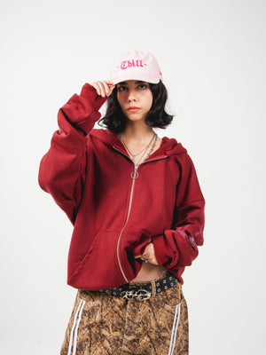 Hoodie con cierre Faith CHILL vinotinto oversize unisex 330gr — algodón con estampado catedral gótica en serigrafía en espalda y mangas, streetwear hecho en Colombia