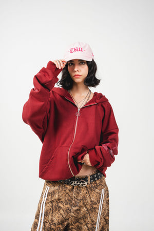 Hoodie con cierre Faith CHILL vinotinto oversize unisex 330gr — algodón con estampado catedral gótica en serigrafía en espalda y mangas, streetwear hecho en Colombia