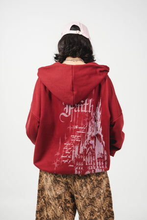 Hoodie con cierre Faith CHILL vinotinto oversize unisex 330gr — algodón con estampado catedral gótica en serigrafía en espalda y mangas, streetwear hecho en Colombia