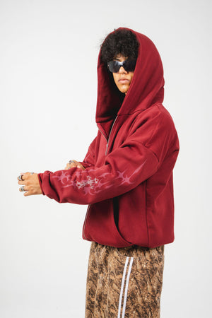 Hoodie con cierre Faith CHILL vinotinto oversize unisex 330gr — algodón con estampado catedral gótica en serigrafía en espalda y mangas, streetwear hecho en Colombia