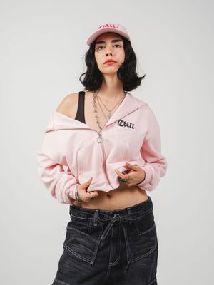 Hoodie con cierre CHILL pink rosado cropped 330gr — algodón con logo Chill script en serigrafía, hoodie femenino streetwear hecho en Colombia