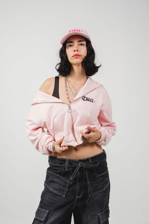 Hoodie con cierre CHILL pink rosado cropped 330gr — algodón con logo Chill script en serigrafía, hoodie femenino streetwear hecho en Colombia