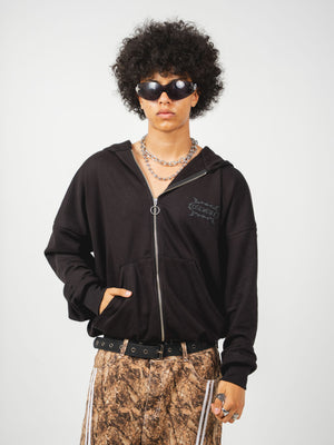 Hoodie con cierre Chillcore CHILL negro oversize unisex 330gr — algodón con logo en serigrafía alto relieve, hoodie minimalista hecho en Colombia