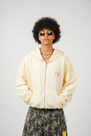 Hoodie con cierre Chill Spinas CHILL amarillo oversize unisex 330gr — algodón con logo espinas rosado en serigrafía alto relieve, streetwear minimalista hecho en Colombia