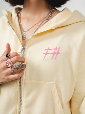 Hoodie con cierre Chill Spinas CHILL amarillo oversize unisex 330gr — algodón con logo espinas rosado en serigrafía alto relieve, streetwear minimalista hecho en Colombia