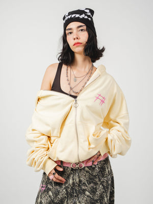 Hoodie con cierre Chill Spinas CHILL amarillo oversize unisex 330gr — algodón con logo espinas rosado en serigrafía alto relieve, streetwear minimalista hecho en Colombia