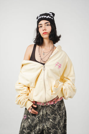 Hoodie con cierre Chill Spinas CHILL amarillo oversize unisex 330gr — algodón con logo espinas rosado en serigrafía alto relieve, streetwear minimalista hecho en Colombia