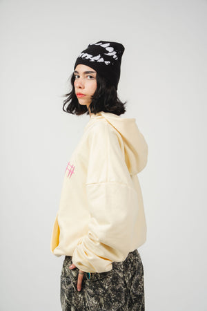Hoodie con cierre Chill Spinas CHILL amarillo oversize unisex 330gr — algodón con logo espinas rosado en serigrafía alto relieve, streetwear minimalista hecho en Colombia
