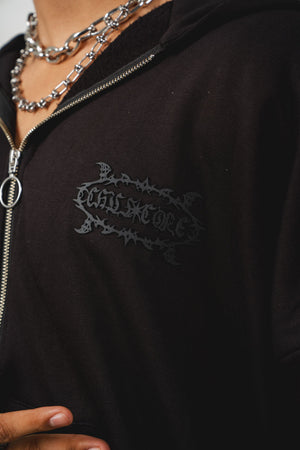 Hoodie con cierre Chillcore CHILL negro oversize unisex 330gr — algodón con logo en serigrafía alto relieve, hoodie minimalista hecho en Colombia