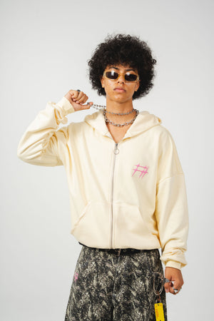 Hoodie con cierre Chill Spinas CHILL amarillo oversize unisex 330gr — algodón con logo espinas rosado en serigrafía alto relieve, streetwear minimalista hecho en Colombia