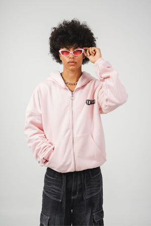 Hoodie con cierre Chill Pink CHILL rosa oversize unisex 400gr — algodón con estampado tribal gótico en serigrafía alto relieve en pecho y espalda, streetwear hecho en Colombia