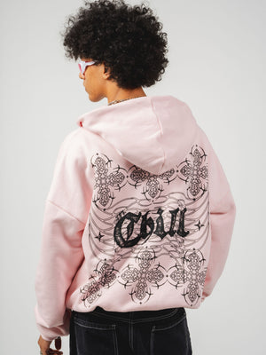 Hoodie con cierre Chill Pink CHILL rosa oversize unisex 400gr — algodón con estampado tribal gótico en serigrafía alto relieve en pecho y espalda, streetwear hecho en Colombia