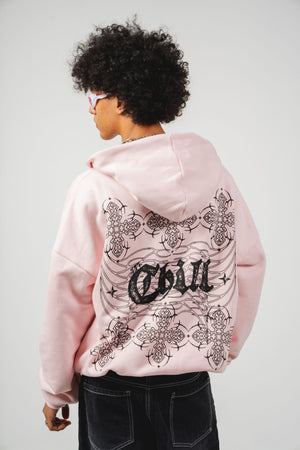 Hoodie con cierre Chill Pink CHILL rosa oversize unisex 400gr — algodón con estampado tribal gótico en serigrafía alto relieve en pecho y espalda, streetwear hecho en Colombia