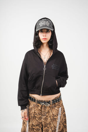 Hoodie con cierre chill core negro cropped 330gr — algodón con logo Chill script en serigrafía, hoodie femenino streetwear hecho en Colombia
