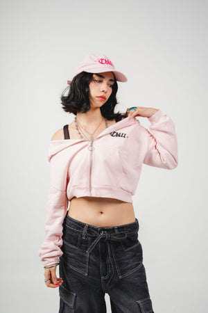 Hoodie con cierre CHILL pink rosado cropped 330gr — algodón con logo Chill script en serigrafía, hoodie femenino streetwear hecho en Colombia