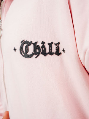 Hoodie con cierre CHILL pink rosado cropped 330gr — algodón con logo Chill script en serigrafía, hoodie femenino streetwear hecho en Colombia