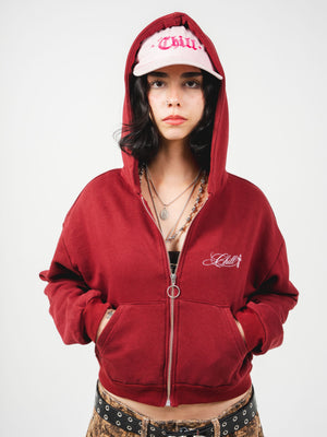 Hoodie con cierre Faith CHILL vinotinto cropped 330gr — algodón con logo Chill script en serigrafía, hoodie femenino streetwear hecho en Colombia