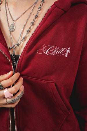 Hoodie con cierre Faith CHILL vinotinto cropped 330gr — algodón con logo Chill script en serigrafía, hoodie femenino streetwear hecho en Colombia