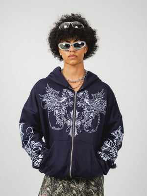 Hoodie con cierre Gryphon CHILL azul marino oversize unisex 330gr — algodón con estampado heráldico de grifos en serigrafía blanca en pecho y mangas, streetwear hecho en Colombia