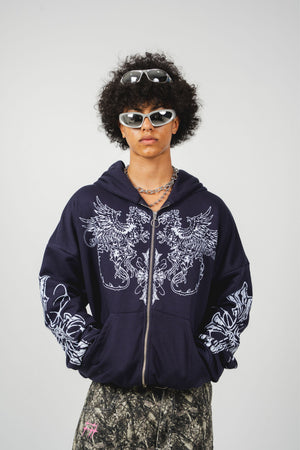 Hoodie con cierre Gryphon CHILL azul marino oversize unisex 330gr — algodón con estampado heráldico de grifos en serigrafía blanca en pecho y mangas, streetwear hecho en Colombia