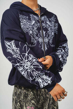 Hoodie con cierre Gryphon CHILL azul marino oversize unisex 330gr — algodón con estampado heráldico de grifos en serigrafía blanca en pecho y mangas, streetwear hecho en Colombia