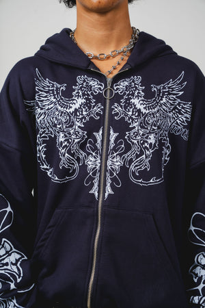Hoodie con cierre Gryphon CHILL azul marino oversize unisex 330gr — algodón con estampado heráldico de grifos en serigrafía blanca en pecho y mangas, streetwear hecho en Colombia