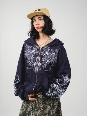Hoodie con cierre Gryphon CHILL azul marino oversize unisex 330gr — algodón con estampado heráldico de grifos en serigrafía blanca en pecho y mangas, streetwear hecho en Colombia