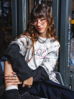 Camiseta manga larga oversize distressed CHILL — algodón pesado con estampado pagoda japonesa serigrafía, streetwear hecho en Colombia